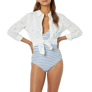 NWT Plunge Tummy Control Shaping One-Piece Swimsuit 2 Horizontal Blue Stripe